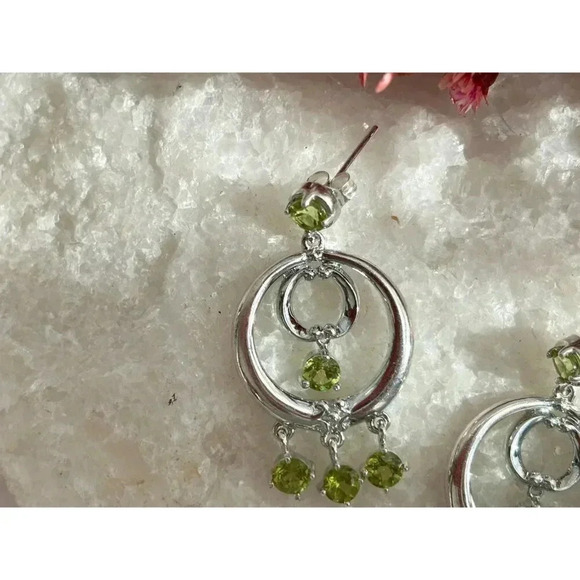 Sterling Silver Green Rhinestone Chandelier Style Hoop Boho Retro Earrings - Picture 9 of 10